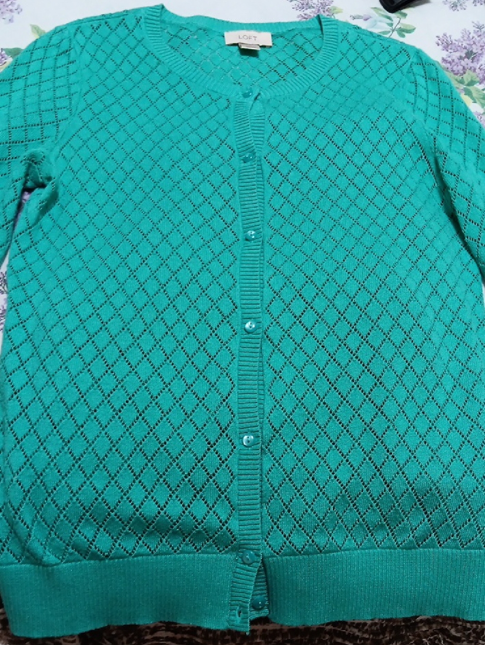 LOFT Light Teal Green.l Openwork Button-Front Cardigan